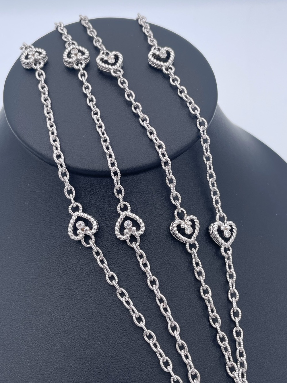 Judith Ripka Sterling Silver 925 CZ Heart Motif Station Rolo Necklace 36”